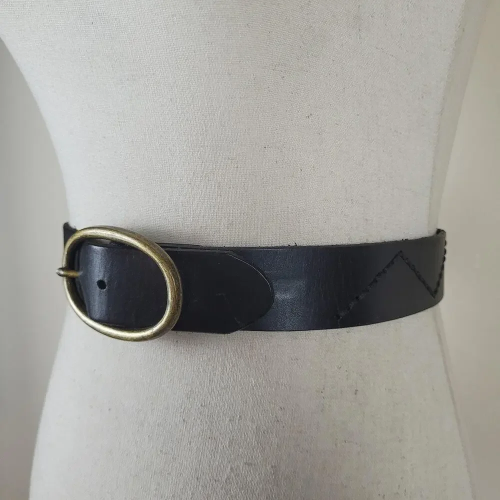 Black Leather Belt XL Oval Buckle Zig Zag Stitch Rustic Utility Utilitarian Boho
